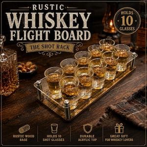 Rustic Whiskey Flight Board: Golden Oak Shot Glass Rack, Barware Gift