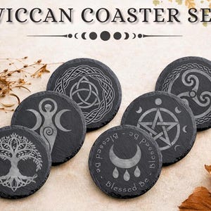 Wiccan Slate Coaster Set – Engraved Pagan Symbols, Witchy Home Decor, Occult Drink Coasters