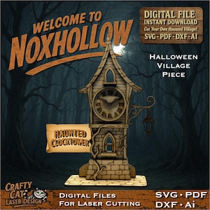 Puede incluir: Una torre de reloj de pueblo de Halloween de madera con el texto "Welcome to Noxhollow" y "Haunted Clocktower". El diseño incluye una esfera de reloj, una linterna y una base de ladrillo. Archivos digitales para corte láser disponibles.