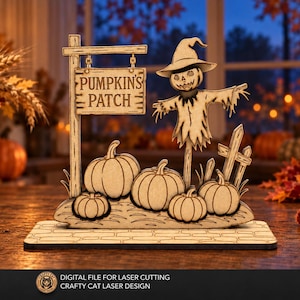 Archivo SVG de huerto de calabazas de Halloween – Exhibición de pueblo espeluznante, archivo de corte láser para material de 3 mm