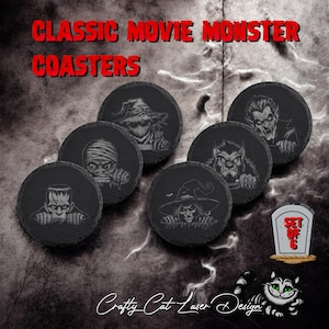 Engraved Slate Coaster Set: Classic Movie Monsters, Gothic Decor