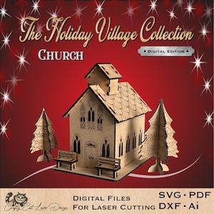 Iglesia navideña SVG para Glowforge: plantilla cortada a láser, decoración navideña, patrón de iglesia DIY, archivo de diseño CNC, escena festiva invernal