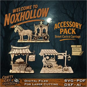 Paquete SVG de vendedor ambulante embrujado: carrito de dulces, carrito de palomitas y carruaje. Accesorios cortados con láser para Halloween.
