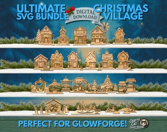 Christmas Village SVG Bundle – Laser Cut Files for Glowforge SVG – Complete Holiday Town Buildings and Accessories Set