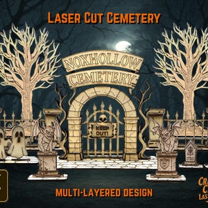 Haunted Graveyard DIY Kit – Laser Cut Halloween Cemetery Scene – Miniature Mausoleum & Headstones – Spooky Village for Shelf or Mantle