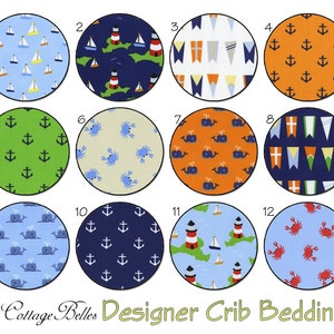 Custom Crib Sheet  or  Toddler Bed Sheet  - All Hands on Deck- Navy Orange Green Blue Sailboats, Lighthouses, Whales - by Cottage Belles