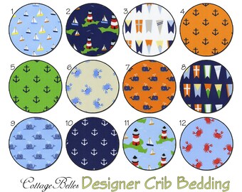 Custom Crib Sheet  or  Toddler Bed Sheet  - All Hands on Deck- Navy Orange Green Blue Sailboats, Lighthouses, Whales - by Cottage Belles