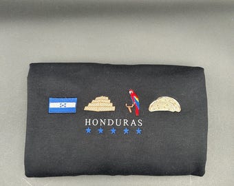 Honduras Embroidered Sweatshirt La Bandera, Copán Ruinas, Guara Roja, Baleadas, 5 Estrellas Crewneck