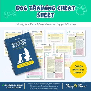 May include: A spiral-bound Dog Training Cheat Sheet guide with a dark blue cover featuring a white silhouette of a person and dog. The set includes multiple instructional pages with tables, checklists, and text, plus a yellow badge stating 5000+ Happy Pet Owners.