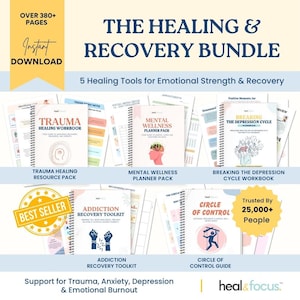 Könnte beinhalten: Das Healing & Recovery Bundle enthält fünf Arbeitsbücher und Planer mit den Titeln Trauma Healing Workbook, Mental Wellness Planner Pack, Breaking the Depression Cycle, Addiction Recovery Toolkit und Circle of Control Guide mit über 380 Seiten.