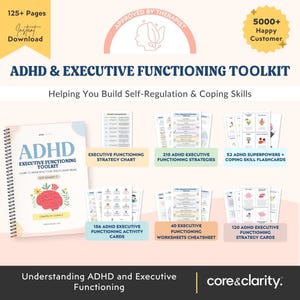 Pode incluir: Um kit de TDAH e funções executivas com um manual em espiral, tabelas de estratégia, 210 páginas de estratégias, 52 flashcards, 156 cartões de atividades, 40 fichas de trabalho e 120 cartões. O texto inclui ADHD & EXECUTIVE FUNCTIONING TOOLKIT.