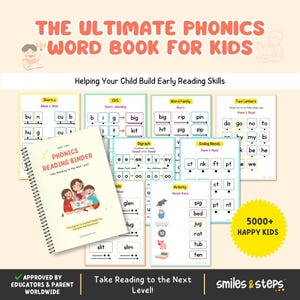 May include: A spiral-bound Phonics Reading Binder with a cover illustration of a person reading to two children. The binder is surrounded by educational worksheets featuring phonics exercises, word families, and matching activities for children.