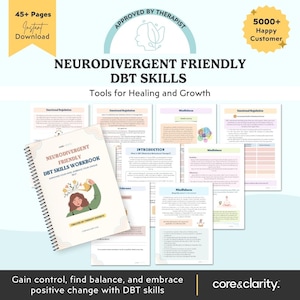 May include: A spiral-bound workbook titled Neurodivergent Friendly DBT Skills Workbook with an illustration of a person watering flowers growing from their head, surrounded by multiple informational pages featuring text on emotional regulation and mindfulness.
