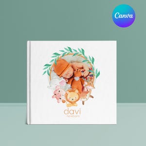 Album Cover Template Canva 8x8 , Photo Book Cover Template with Cute Animals and Greenery, Perfect for Baby Pictures, Instant Download