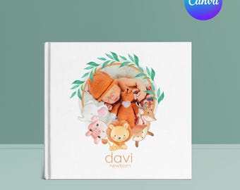 Album Cover Template Canva 8x8 , Photo Book Cover Template with Cute Animals and Greenery, Perfect for Baby Pictures, Instant Download