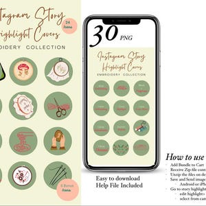 May include: A set of 30 Instagram story highlight covers featuring embroidery designs. The covers are in a green circle with a white background. The designs include a mushroom, scissors, a needle and thread, and a flower.