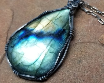 Intense Multi Flash Labradorite Pendant - Oxidized Sterling Silver and Labradorite Gemstone - Wire Wrapped With Sterling Silver -  Handmade