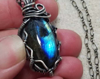 Intense Blue Flash Labradorite Pendant - Oxidized Sterling Silver and Labradorite Gemstone - Wire Wrapped With Sterling Silver -  Handmade