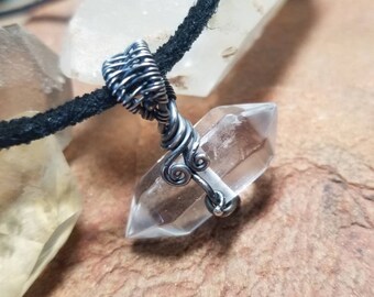 Clear Double Terminated Quartz Crystal and Shiny Sterling Silver Wire Wrapped Necklace Pendant  on 18" Black Suede Cord - Ready to Ship RTS
