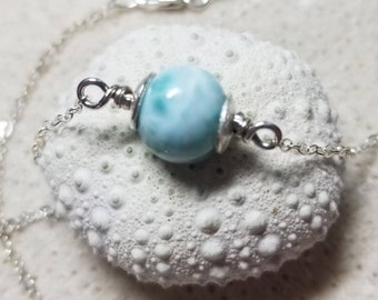 Caribbean Blue Larimar and Sterling Silver Minimalist Necklace - 17" Cable Chain - Atlantis Stone Necklace - Handmade and Ready to Ship RTS