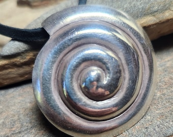 Large Sterling Silver Bohemian Spiral Disc Necklace with Leather Cord - Ready to Ship RTS