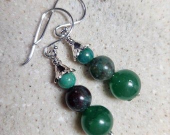 Dark Green Earrings - Natural Aventurine, Zoisite, and Amazonite Stone and Sterling Silver Drop Earrings - Handmade and Ready to Ship RTS