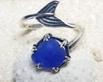 Cobalt Blue Real Sea Glass Ring with Sterling Silver Adjustable Mermaid Tail Band - Silver Seaglass Ring - Handmade and Ready to Ship RTS