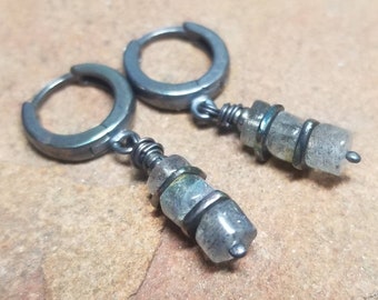 Labradorite Huggy Hoop Earrings - Sterling Silver Earrings - You Choose Finish - Labradorite Earrings - Handmade and Ready to Ship RTS