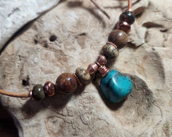 Real Turquoise and Mixed Jasper Necklace on Smooth Leather Cord - Adjustable Harmony Necklace -Healing Stones - Ready to Ship- RTS