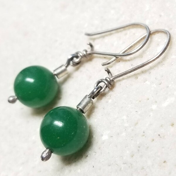 Dark Green Aventurine Earrings - Natural Aventurine Stone and Sterling Silver- Modest Drop Earrings - Handmade and Ready to Ship RTS