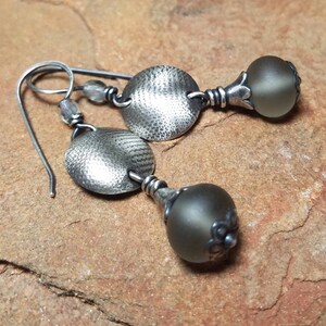 Sterling Silver Earrings with Silky Grey Etched Glass Lampwork and Silver Mermaid Lagoon Series Handmade image 4