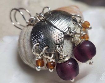 Shiny Sterling Silver Earrings Recycled Purple Ghana African Glass Beads -Mermaid Lagoon Zanzibar Series - Handmade Ready to Ship RTS