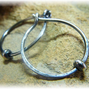 Classic Smooth or Hammered Small Silver Hoop Earrings Oxidized with Sterling Bead Approx 20mm Handmade to Order image 1