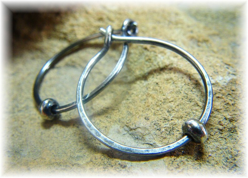 Classic Smooth or Hammered Small Silver Hoop Earrings Oxidized with Sterling Bead Approx 20mm Handmade to Order image 1