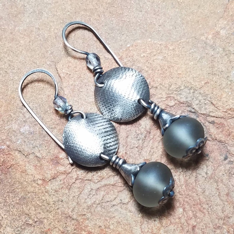 Sterling Silver Earrings with Silky Grey Etched Glass Lampwork and Silver Mermaid Lagoon Series Handmade image 6