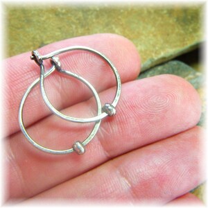 Classic Smooth or Hammered Small Silver Hoop Earrings Oxidized with Sterling Bead Approx 20mm Handmade to Order image 4