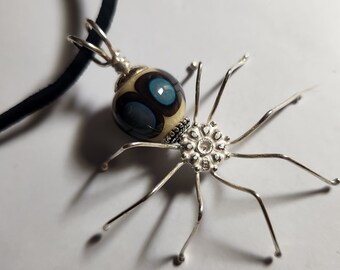 Big Sterling and Handmade Lampwork Silver Spider Pendant or Necklace With Integrated Large Sterling Silver Bail - Handmade