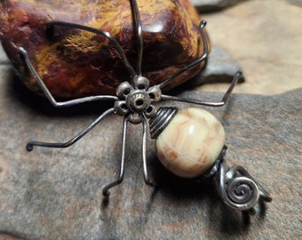Big Sterling Silver and Lampwork Silver Spider Pendant or Necklace With Integrated Large Sterling Silver Bail - Handmade