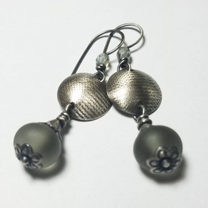 Sterling Silver Earrings with Silky Grey Etched Glass Lampwork and Silver Mermaid Lagoon Series Handmade image 7