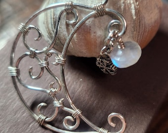 Sterling Silver Winter Moon Pendant -  Sterling Silver Scrollwork, Moonstone, and Silver Snowflake - Large Handmade Pendant or Necklace