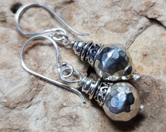 Just Sterling Silver Earrings - Shiny Hammered Sphere Earrings with Celtic Bead Cap -  Shiny Antiqued Rustic Handmade Ready to Ship RTS