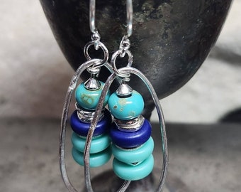 Beaded Ocean Stack Earrings - Sterling Silver and Czech Glass with Fine Silver Accents and Sterling Earwires - Handmade Ready to Ship RTS