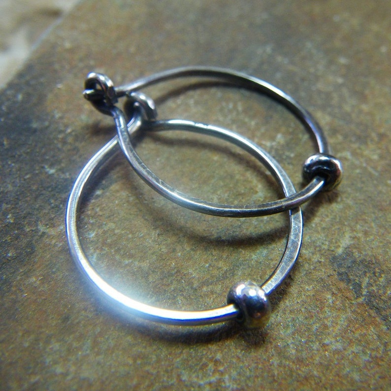 Classic Smooth or Hammered Small Silver Hoop Earrings Oxidized with Sterling Bead Approx 20mm Handmade to Order image 3