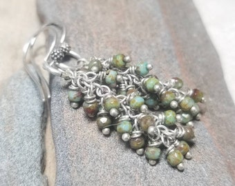 Long Sterling Silver Cluster Earrings - Earthy Czech Glass Beads and Lots of Silver - Handmade and Ready to Ship RTS