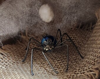 Big Sterling Silver and Blue Lampwork Silver Spider Pendant or Necklace With Integrated Large Sterling Silver Bail - Handmade