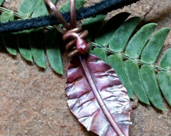 LEAF Necklace in Pure Copper - Red Autumn - Hand-Forged and Flame Kissed for Color - Ready to Ship 18" Black Suede Cord RTS