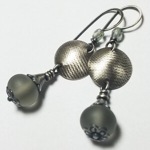 Sterling Silver Earrings with Silky Grey Etched Glass Lampwork and Silver Mermaid Lagoon Series Handmade image 3