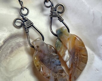 Autumn Leaves Earrings - Indian Agate Carved Stone Leaf and Oxidized Sterling Silver - Handmade and Ready to Ship RTS