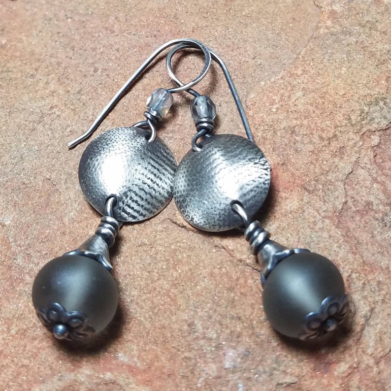 Sterling Silver Earrings with Silky Grey Etched Glass Lampwork and Silver Mermaid Lagoon Series Handmade image 1