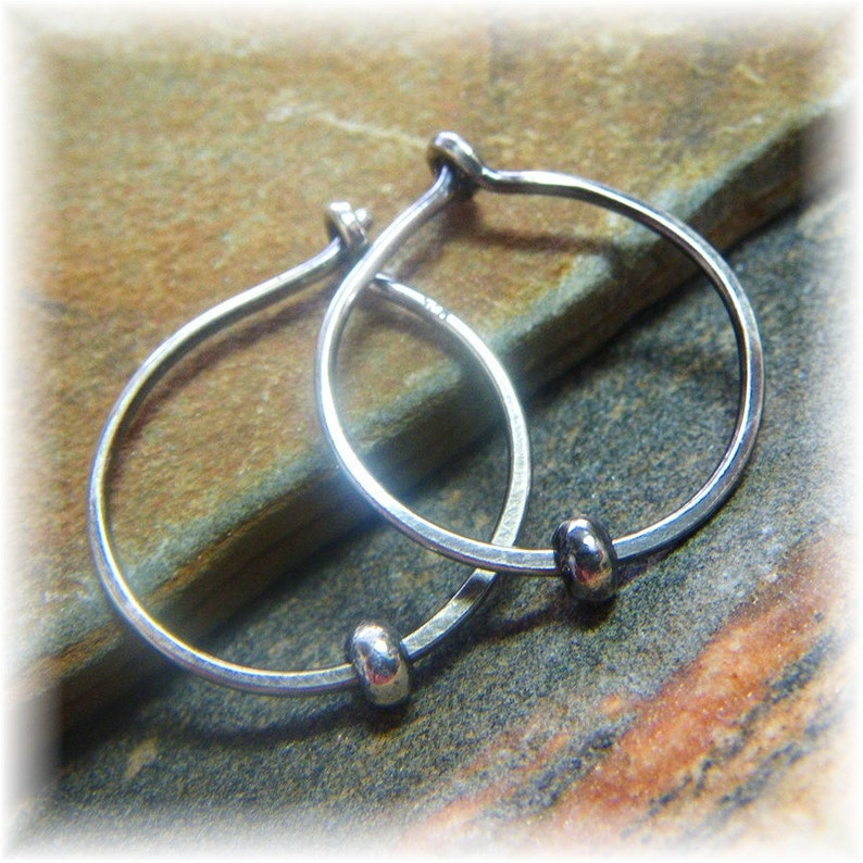 Classic Smooth or Hammered Small Silver Hoop Earrings Oxidized with Sterling Bead Approx 20mm Handmade to Order image 2